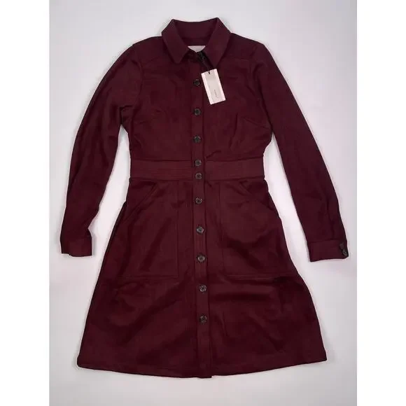 NWT A Loves A Burgundy Faux Suede Button Front Long Sleeve Dress Size M - Picture 6 of 11